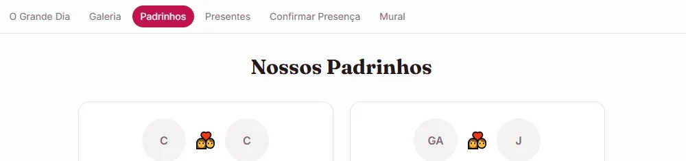 Seção Nossos Padrinhos no site público do casal